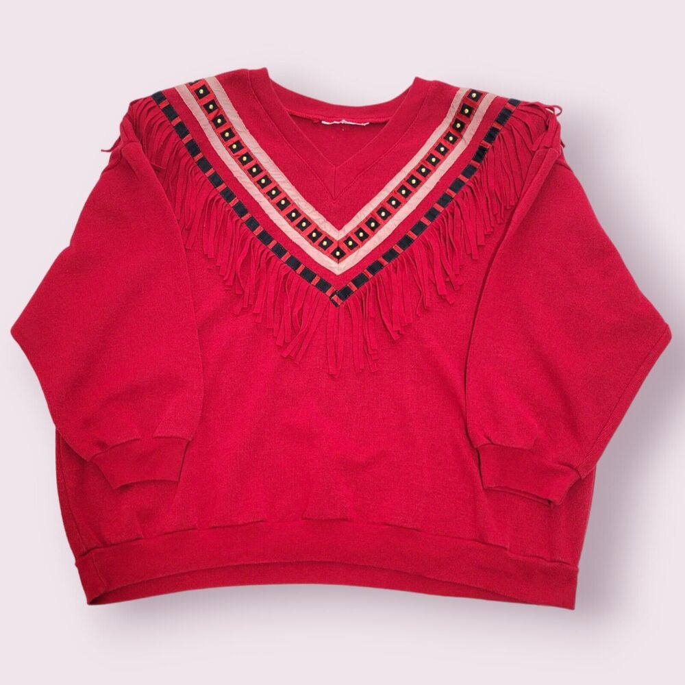Vintage Red Fringe V Neck Crew Neck Size XL / 1X Western Shoulder Pads Cowgirl
